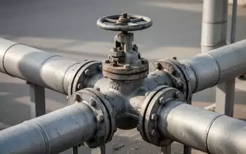 Ein industrielles Gasleitungs-Ventil aus Gusseisen und Stahl in einer minimalistischen Außenumgebung bei Tageslicht. - Foto: über boerse-global.de