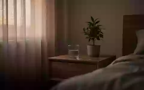 Ein minimalistisches Schlafzimmer in der Morgendämmerung mit einem leeren Glas Wasser und einer Zimmerpflanze auf einem Nachttisch. - Foto: über boerse-global.de