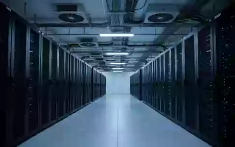 Reihen von leeren, dunklen Serverracks in einem modernen Rechenzentrum mit bläulicher Beleuchtung. - Foto: über boerse-global.de