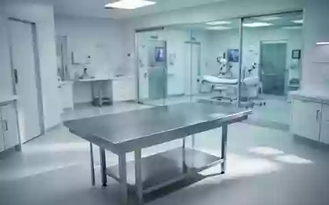 Ein minimalistischer, steriler klinischer Laborraum mit einem Edelstahltisch in einer hellen, modernen Umgebung. - Foto: über boerse-global.de