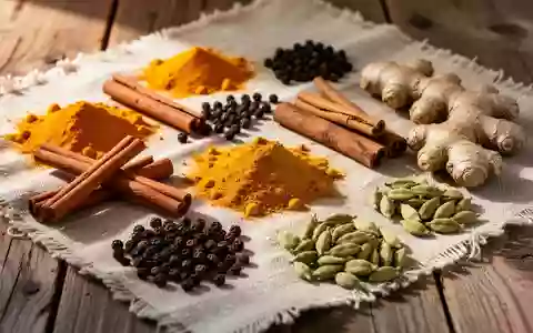 Nahaufnahme von ayurvedischen Gewürzen wie Kurkuma, Zimt, Ingwer und Kardamom auf einem rustikalen Holztisch. - Foto: über boerse-global.de