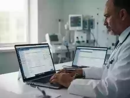Ein Arzt arbeitet an einem Laptop in einer modernen Praxis, um digitale Gesundheitsakten zu verwalten. - Foto: über boerse-global.de