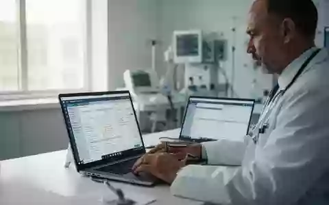 Ein Arzt arbeitet an einem Laptop in einer modernen Praxis, um digitale Gesundheitsakten zu verwalten. - Foto: über boerse-global.de