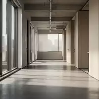 Ein minimalistischer, leerer Büroflur mit weichem Tageslichteinfall und architektonischen Schatten auf dem Boden. - Foto: über boerse-global.de