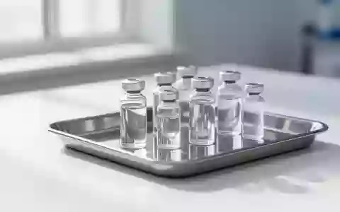 Leere medizinische Glasfläschchen auf einem sterilen, weißen Untergrund in einem hellen Behandlungsraum. - Foto: über boerse-global.de