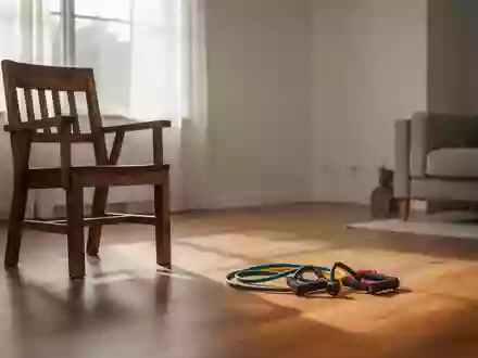 Ein heller, minimalistischer Wohnraum mit einem stabilen Holzstuhl und Widerstandsbändern auf einem Holzboden. - Foto: über boerse-global.de