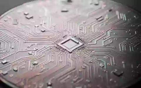 Nahaufnahme einer Silizium-Wafer-Oberfläche mit komplexen, geometrischen Leiterbahnen in Kupfer- und Silbertönen. - Foto: über boerse-global.de
