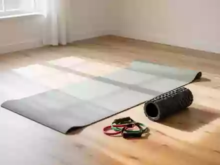 Eine helle, minimalistische Trainingsfläche mit einer Yogamatte, einer Faszienrolle und Widerstandsbändern auf einem Holzboden. - Foto: über boerse-global.de