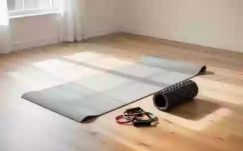 Eine helle, minimalistische Trainingsfläche mit einer Yogamatte, einer Faszienrolle und Widerstandsbändern auf einem Holzboden. - Foto: über boerse-global.de