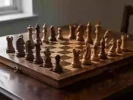 Ein hölzernes Schachspiel auf einem dunklen Holztisch in natürlichem Licht. - Foto: über boerse-global.de