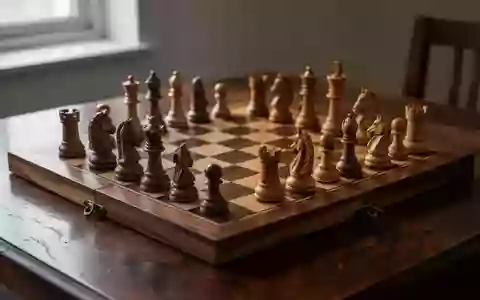 Ein hölzernes Schachspiel auf einem dunklen Holztisch in natürlichem Licht. - Foto: über boerse-global.de