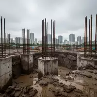 Baustelle mit ausgehobener Baugrube und Stahlarmierungen vor einem städtischen Hintergrund bei bewölktem Himmel. - Foto: über boerse-global.de