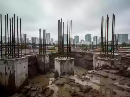 Baustelle mit ausgehobener Baugrube und Stahlarmierungen vor einem städtischen Hintergrund bei bewölktem Himmel. - Foto: über boerse-global.de
