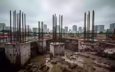 Baustelle mit ausgehobener Baugrube und Stahlarmierungen vor einem städtischen Hintergrund bei bewölktem Himmel. - Foto: über boerse-global.de