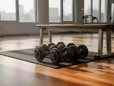 Minimalistisch eingerichteter Fitnessraum mit Hanteln und Trainingsbank in hellem Tageslicht. - Foto: über boerse-global.de
