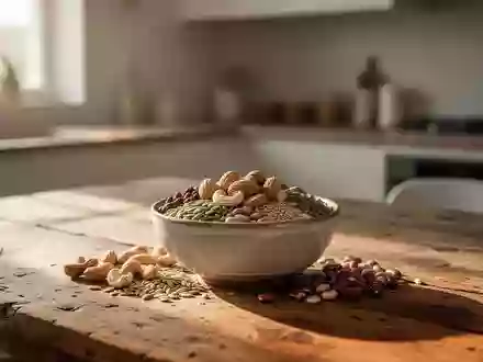 Eine Schale mit Nüssen, Kernen und Hülsenfrüchten auf einem Holztisch bei natürlichem Morgenlicht. - Foto: über boerse-global.de