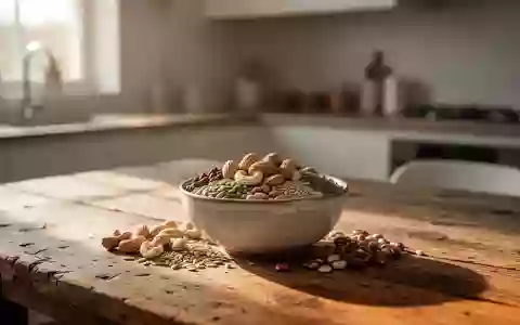 Eine Schale mit Nüssen, Kernen und Hülsenfrüchten auf einem Holztisch bei natürlichem Morgenlicht. - Foto: über boerse-global.de