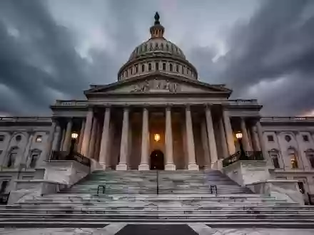Die imposante Fassade des Kapitolgebäudes in Washington D.C. unter einem dramatischen, bewölkten Himmel bei Dämmerung. - Foto: über boerse-global.de