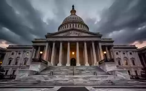 Die imposante Fassade des Kapitolgebäudes in Washington D.C. unter einem dramatischen, bewölkten Himmel bei Dämmerung. - Foto: über boerse-global.de