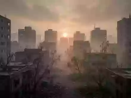 Eine von Smog und Hitze geprägte urbane Landschaft mit grauen Gebäuden und vertrockneten Bäumen. - Foto: über boerse-global.de