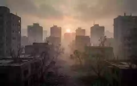 Eine von Smog und Hitze geprägte urbane Landschaft mit grauen Gebäuden und vertrockneten Bäumen. - Foto: über boerse-global.de