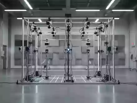 Ein minimalistisch gestaltetes Robotik-Forschungslabor mit Sensoren und Kameras an einer metallischen Gitterstruktur. - Foto: über boerse-global.de