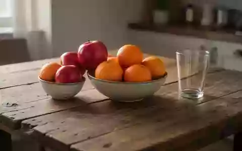 Eine Schale mit frischem Obst auf einem Holztisch in einer hellen Küche. - Foto: über boerse-global.de