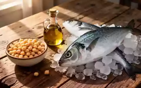 Frische mediterrane Zutaten wie Olivenöl, Kichererbsen und Fisch auf einem Holztisch bei natürlichem Licht. - Foto: über boerse-global.de