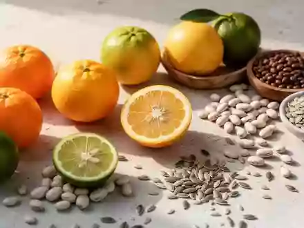 Nahaufnahme von frischen Zitrusfrüchten, Hülsenfrüchten und Samen auf einem hellen Steintisch. - Foto: über boerse-global.de