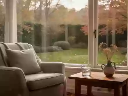Ein ruhiger, lichtdurchfluteter Raum mit einem Sessel an einem Fenster, das auf einen friedlichen Garten blickt. - Foto: über boerse-global.de