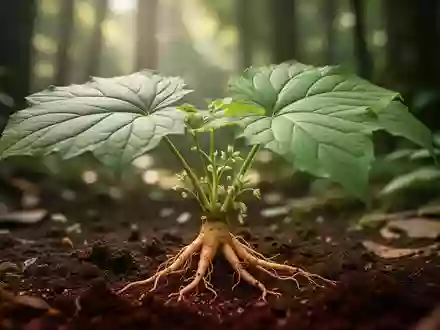 Nahaufnahme der Blätter und Stängel einer Panax notoginseng Pflanze in einer natürlichen Waldumgebung. - Foto: über boerse-global.de