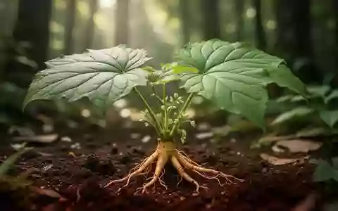 Nahaufnahme der Blätter und Stängel einer Panax notoginseng Pflanze in einer natürlichen Waldumgebung. - Foto: über boerse-global.de