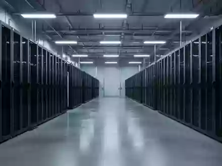Eine weitläufige, moderne Serverhalle mit leeren, dunklen Serverschränken in einer industriellen Umgebung. - Foto: über boerse-global.de