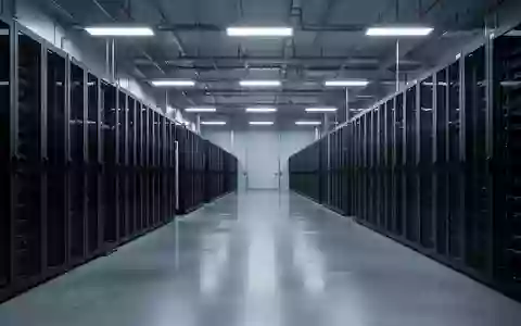 Eine weitläufige, moderne Serverhalle mit leeren, dunklen Serverschränken in einer industriellen Umgebung. - Foto: über boerse-global.de