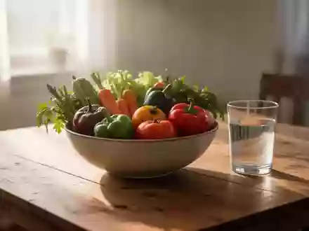 Ein heller Holztisch mit frischem Gemüse und einem Glas Wasser in einer ruhigen, natürlichen Umgebung. - Foto: über boerse-global.de