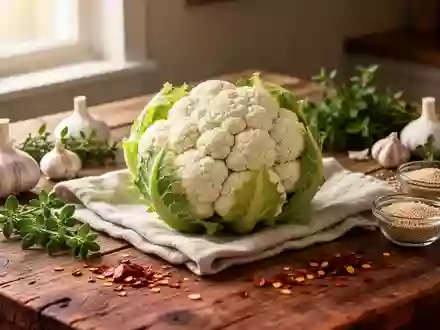 Ein ganzer Blumenkohl mit frischen Kräutern und Gewürzen auf einem Holztisch in natürlichem Licht. - Foto: über boerse-global.de