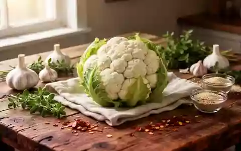 Ein ganzer Blumenkohl mit frischen Kräutern und Gewürzen auf einem Holztisch in natürlichem Licht. - Foto: über boerse-global.de