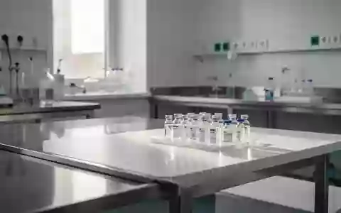 Ein steriler, minimalistischer medizinischer Laborraum mit Glasphiolen auf einer weißen Oberfläche bei natürlichem Licht. - Foto: über boerse-global.de