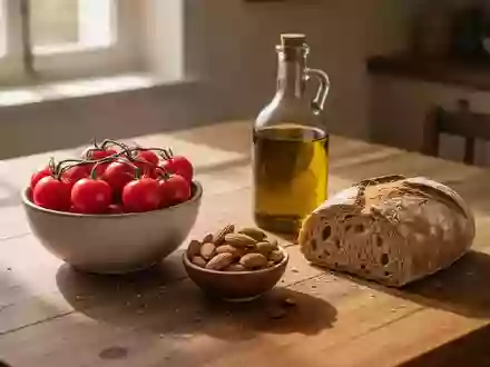 Frische mediterrane Lebensmittel wie Tomaten, Nüsse und Vollkornbrot auf einem Holztisch in natürlichem Licht. - Foto: über boerse-global.de