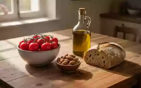 Frische mediterrane Lebensmittel wie Tomaten, Nüsse und Vollkornbrot auf einem Holztisch in natürlichem Licht. - Foto: über boerse-global.de