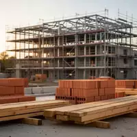 Eine Baustelle mit gestapelten Ziegeln und einem Rohbau für ein Mehrfamilienhaus bei Sonnenuntergang. - Foto: über boerse-global.de