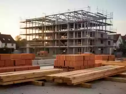 Eine Baustelle mit gestapelten Ziegeln und einem Rohbau für ein Mehrfamilienhaus bei Sonnenuntergang. - Foto: über boerse-global.de