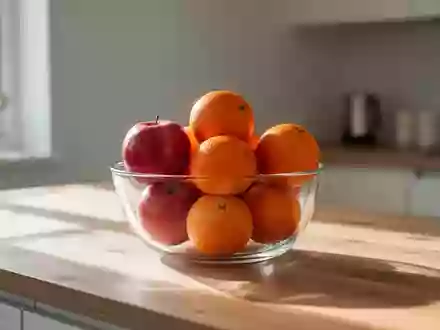 Eine Schale mit frischem Obst wie Äpfeln und Orangen steht in einem hellen, minimalistisch eingerichteten Raum. - Foto: über boerse-global.de