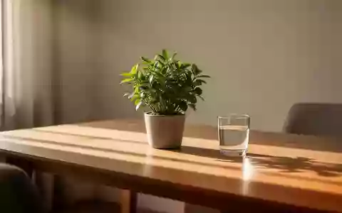 Ein minimalistischer Arbeitsplatz mit einer Pflanze und einem Glas Wasser in sanftem Morgenlicht. - Foto: über boerse-global.de