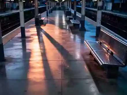 Ein leerer, ruhig beleuchteter Bahnsteig in der Abenddämmerung mit langen Schatten und schlichten Sitzgelegenheiten. - Foto: über boerse-global.de