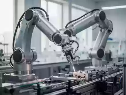 Ein moderner Roboterarm in einer hellen, hochtechnologischen Fertigungshalle. - Foto: über boerse-global.de