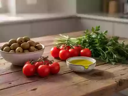 Frische mediterrane Lebensmittel wie Oliven, Tomaten und Olivenöl auf einem Holztisch bei natürlichem Licht. - Foto: über boerse-global.de