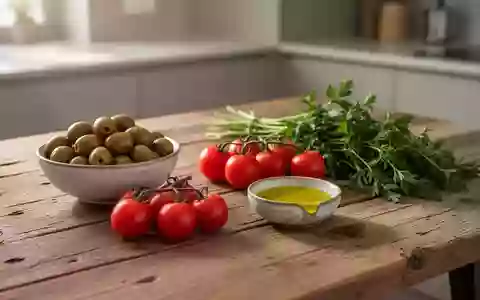 Frische mediterrane Lebensmittel wie Oliven, Tomaten und Olivenöl auf einem Holztisch bei natürlichem Licht. - Foto: über boerse-global.de