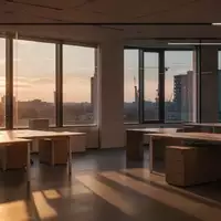 Ein leeres, modernes Büro bei Dämmerlicht mit einfallendem Sonnenlicht auf schlichten Holztischen. - Foto: über boerse-global.de