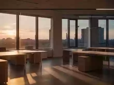 Ein leeres, modernes Büro bei Dämmerlicht mit einfallendem Sonnenlicht auf schlichten Holztischen. - Foto: über boerse-global.de
